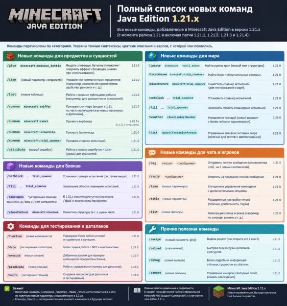Полный список новых команд Java Edition 1.21.x